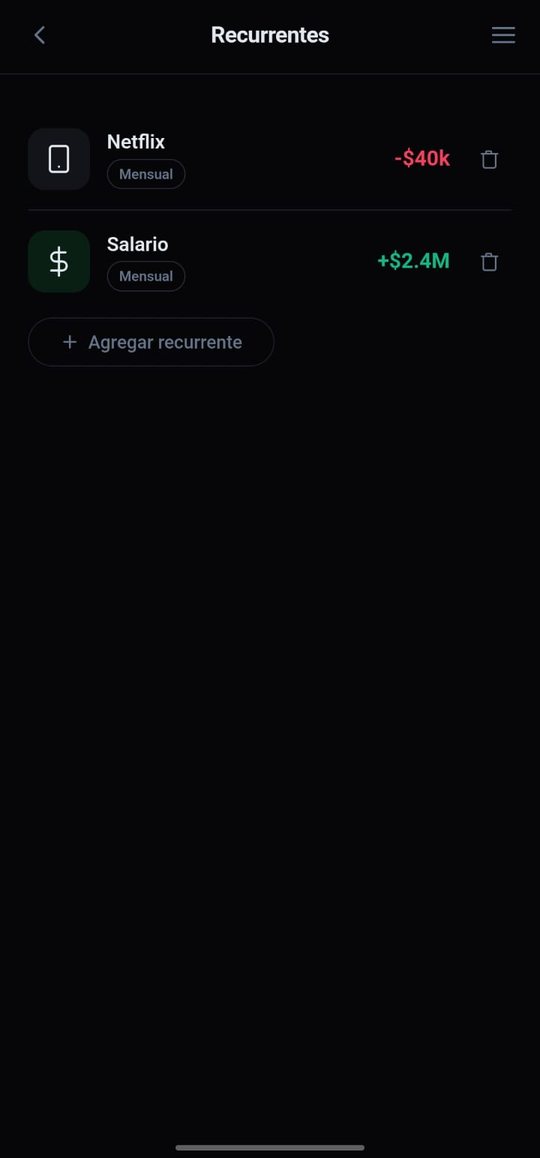 Pantalla de Recurrentes de FinGuard con Netflix y Salario mensuales